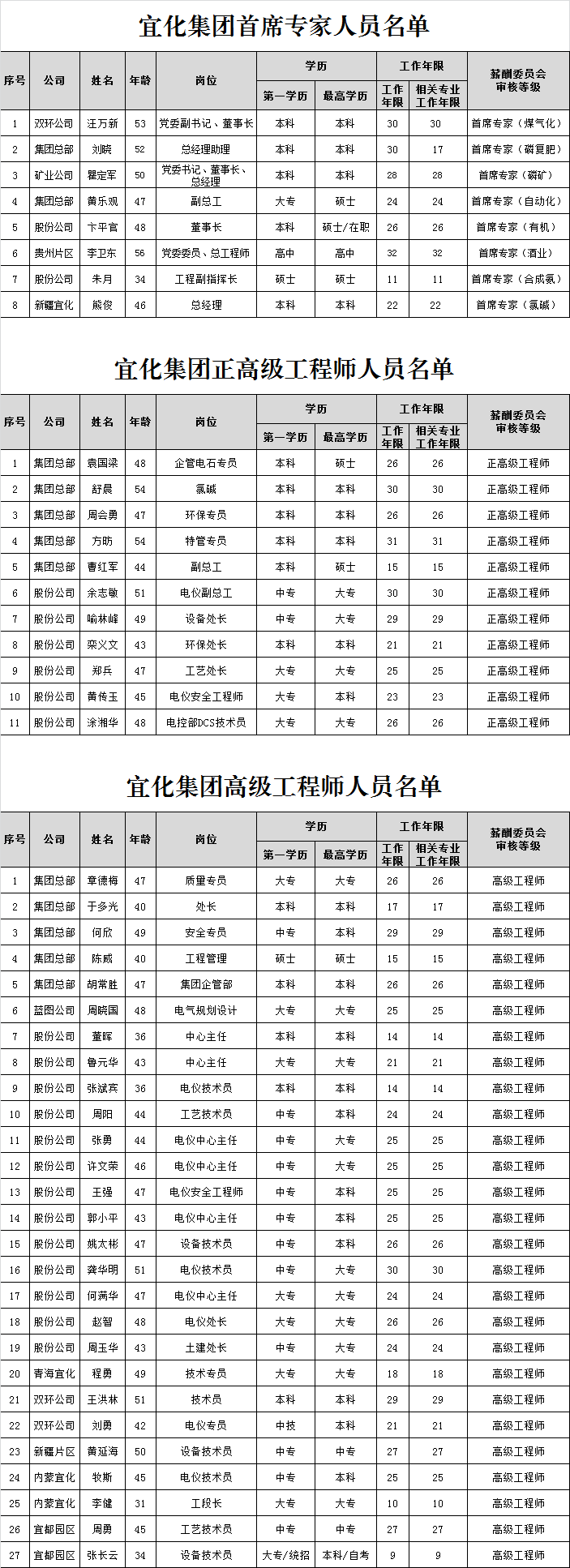 宜化集團(tuán)首席專家、正高級工程師、高級工程師評審結(jié)果公示